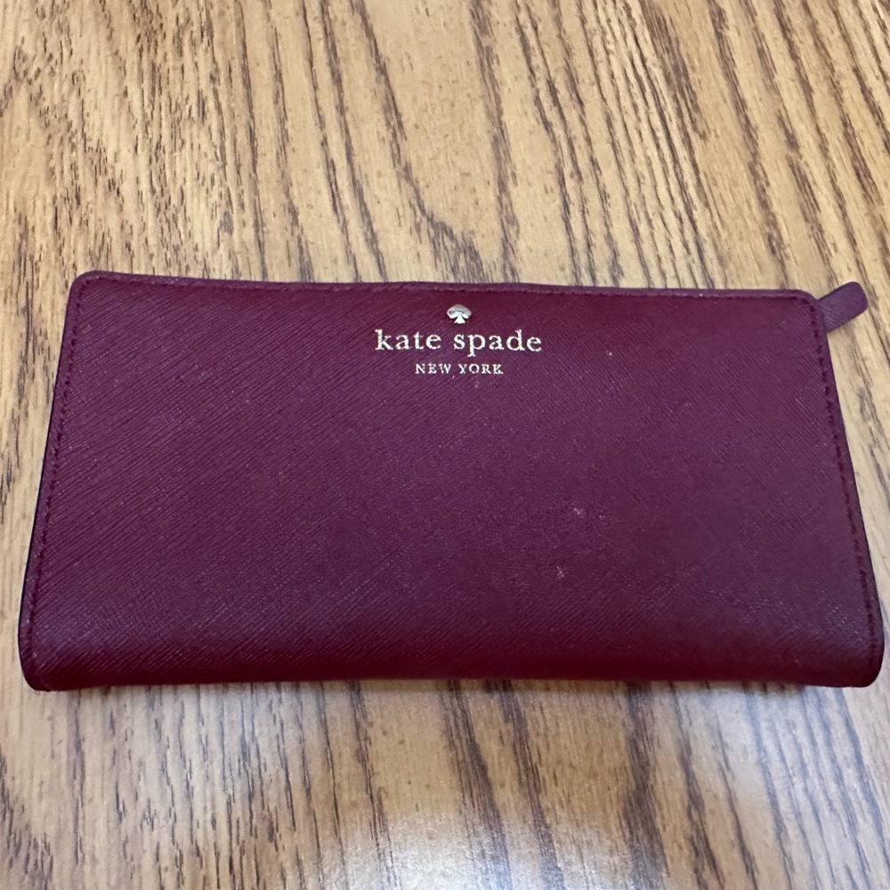 Kate Spade Maroon Bifold Wallet with polka dot interior accents